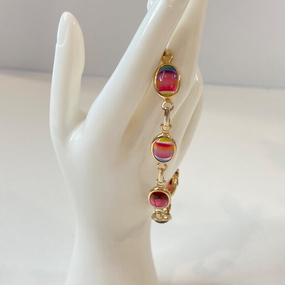Sarah Coventry Gold-Tone Bracelet With Oval Rainbow Glass Cabochons & Safety Cha - Picture 9 of 14